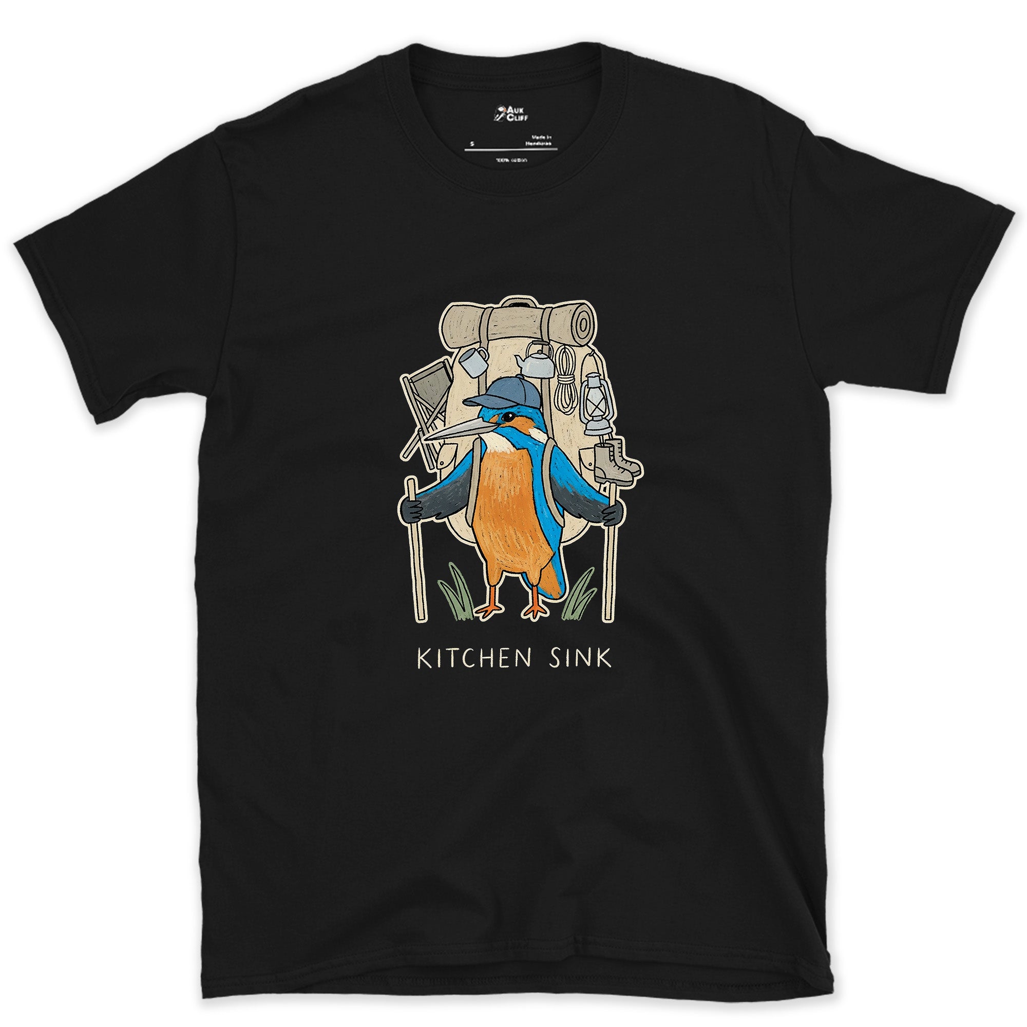 Packed the Kitchen Sink, Kingfisher Hiker design on a Black Gildan Softstyle t-shirt
