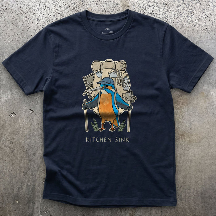Packed the Kitchen Sink, Kingfisher Hiker design on a Navy Gildan Softstyle t-shirt