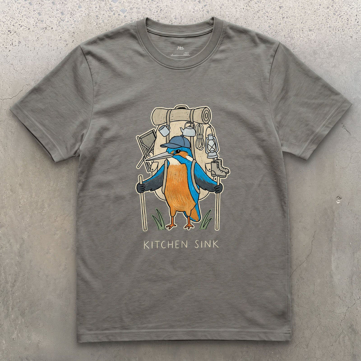Packed the Kitchen Sink, Kingfisher Hiker design on a Charcoal Gildan Softstyle t-shirt