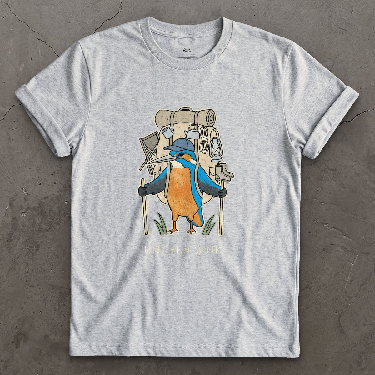 Packed the Kitchen Sink, Kingfisher Hiker design on a Sport Grey Gildan Softstyle t-shirt