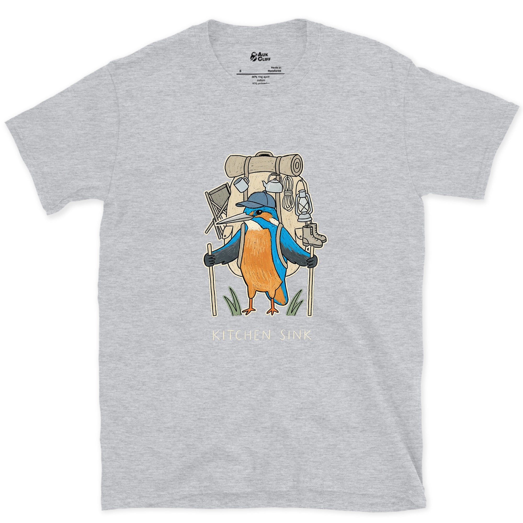 Packed the Kitchen Sink, Kingfisher Hiker design on a Sport Grey Gildan Softstyle t-shirt
