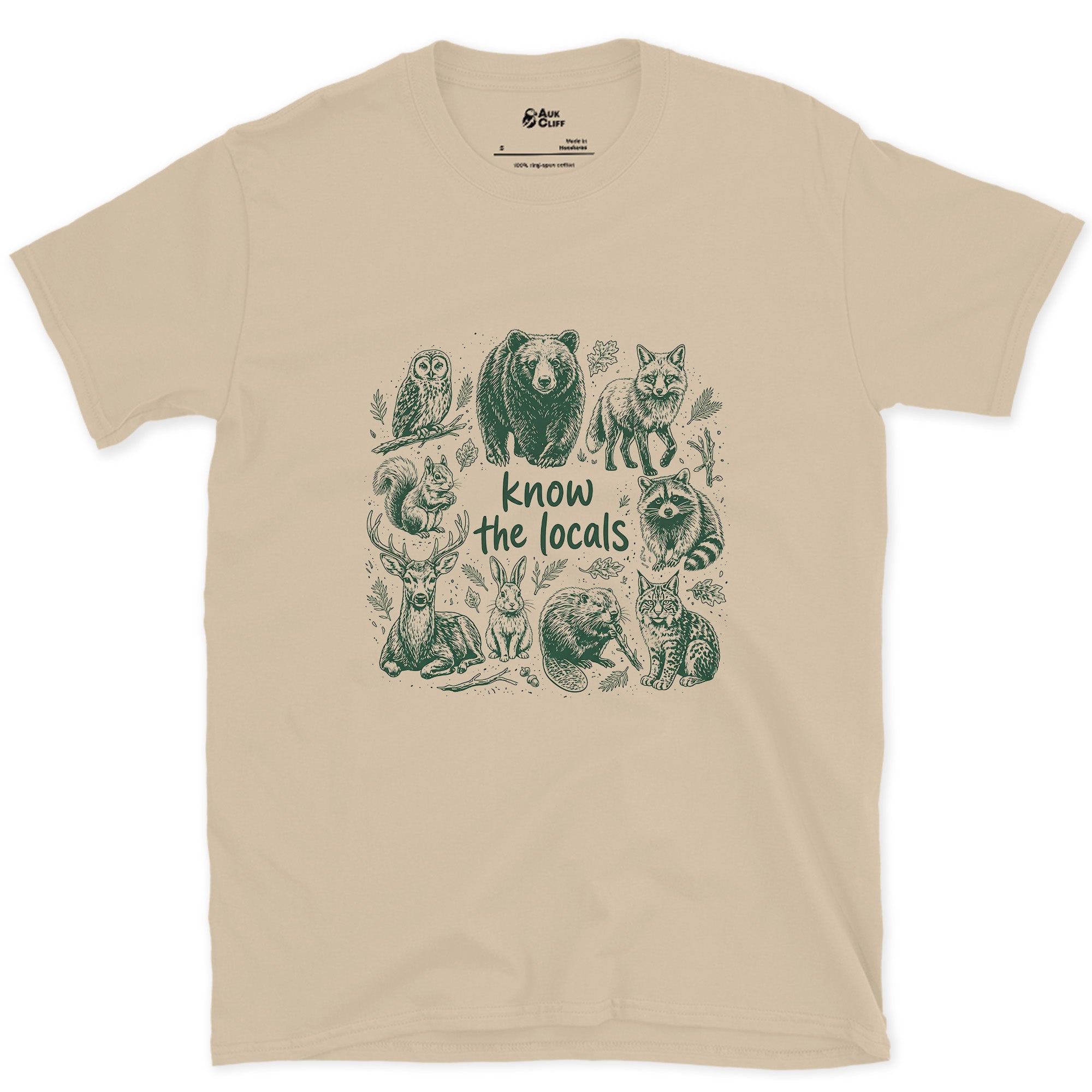Know the Mountain Locals, Animal Grid design on a Sand Gildan Softstyle t-shirt