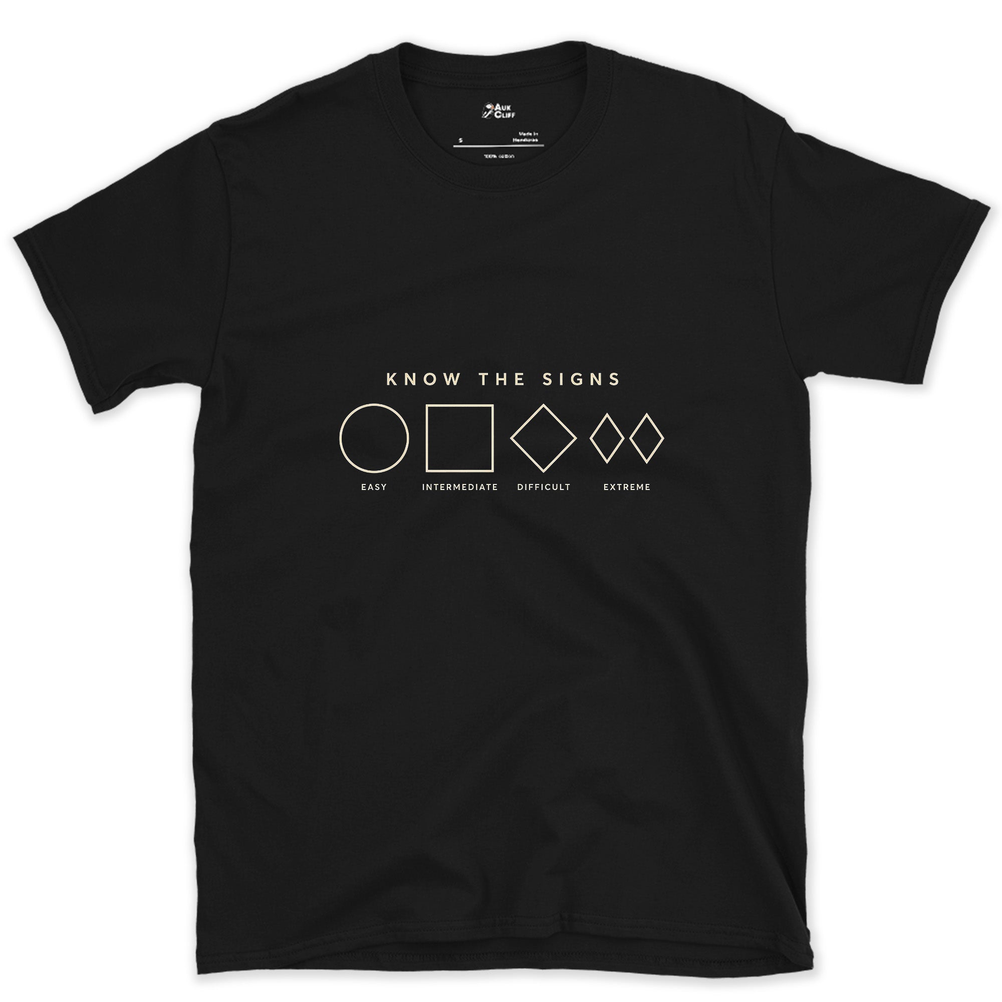 Know the Signs, Piste Difficulty Markers design on a Black Gildan Softstyle t-shirt