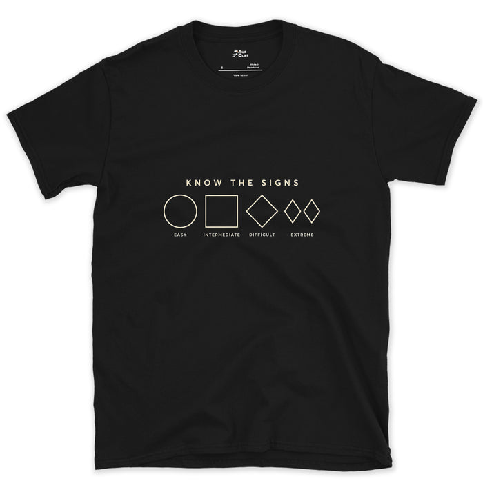 Know the Signs, Piste Difficulty Markers design on a Black Gildan Softstyle t-shirt