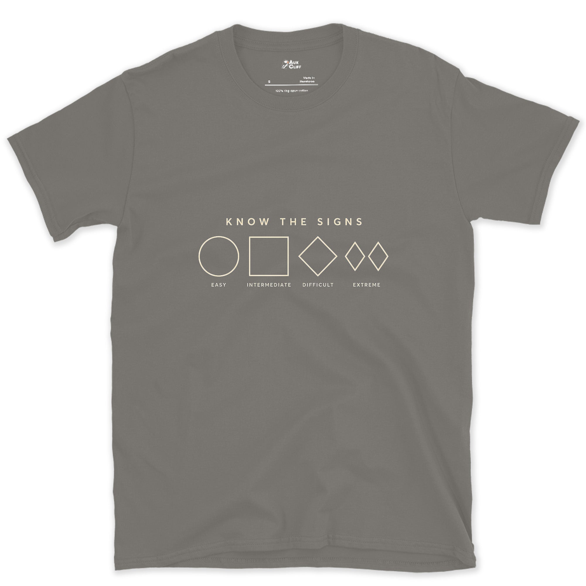 Know the Signs, Piste Difficulty Markers design on a Charcoal Gildan Softstyle t-shirt