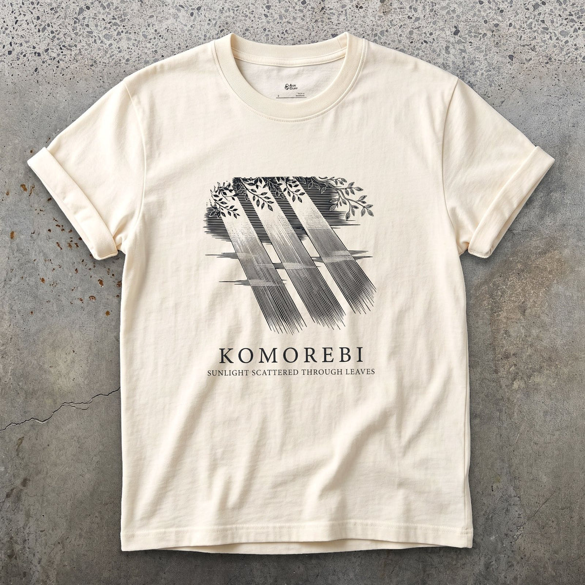 Komorebi, Sunlight Scattered Through Leaves design on a Natural Gildan Softstyle t-shirt