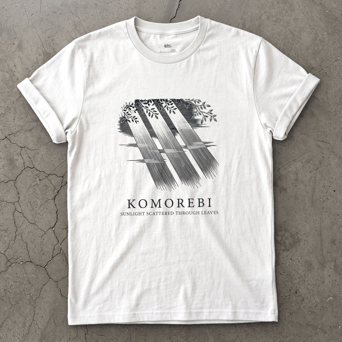 Komorebi, Sunlight Scattered Through Leaves design on a White Gildan Softstyle t-shirt
