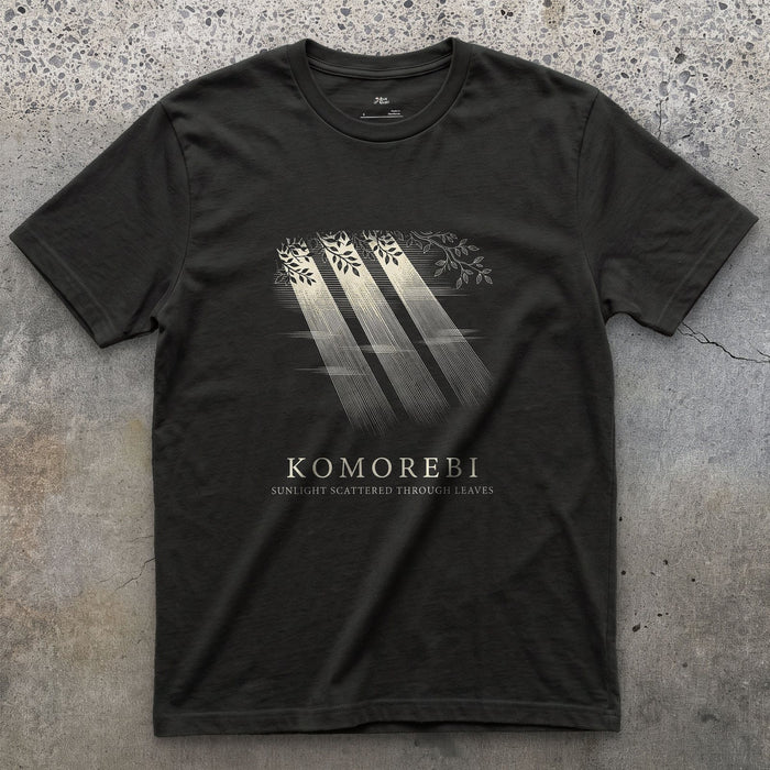 Komorebi, Sunlight Scattered Through Leaves design on a Black Gildan Softstyle t-shirt