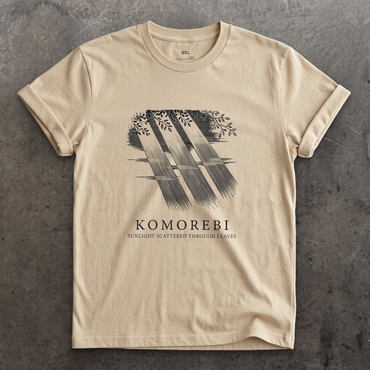 Komorebi, Sunlight Scattered Through Leaves design on a Sand Gildan Softstyle t-shirt