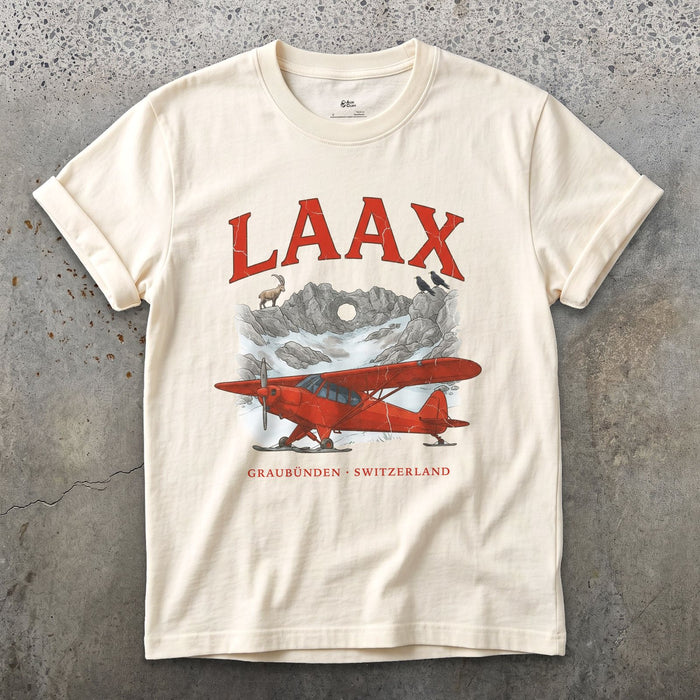 Laax Bush Plane design on a Natural Gildan Softstyle t-shirt