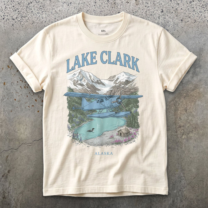 Lake Clark Bush Plane design on a Natural Gildan Softstyle t-shirt