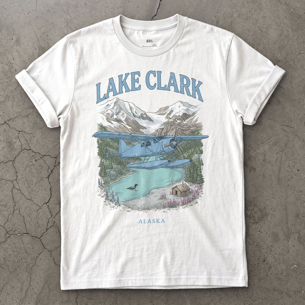 Lake Clark Bush Plane design on a White Gildan Softstyle t-shirt