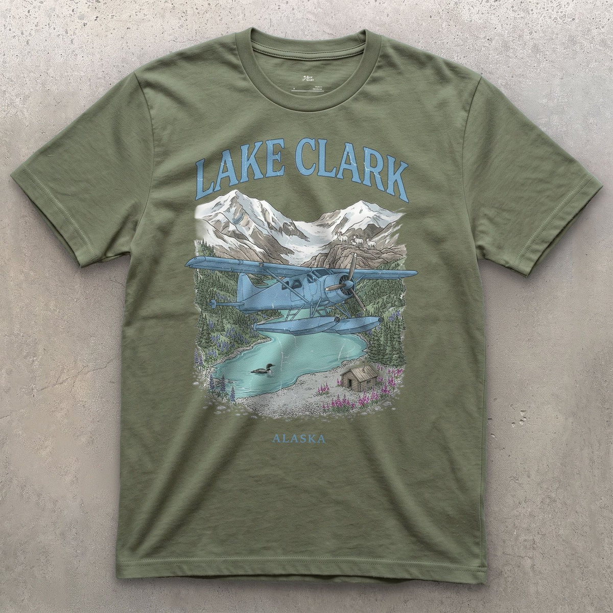 Lake Clark Bush Plane design on a Military Green Gildan Softstyle t-shirt