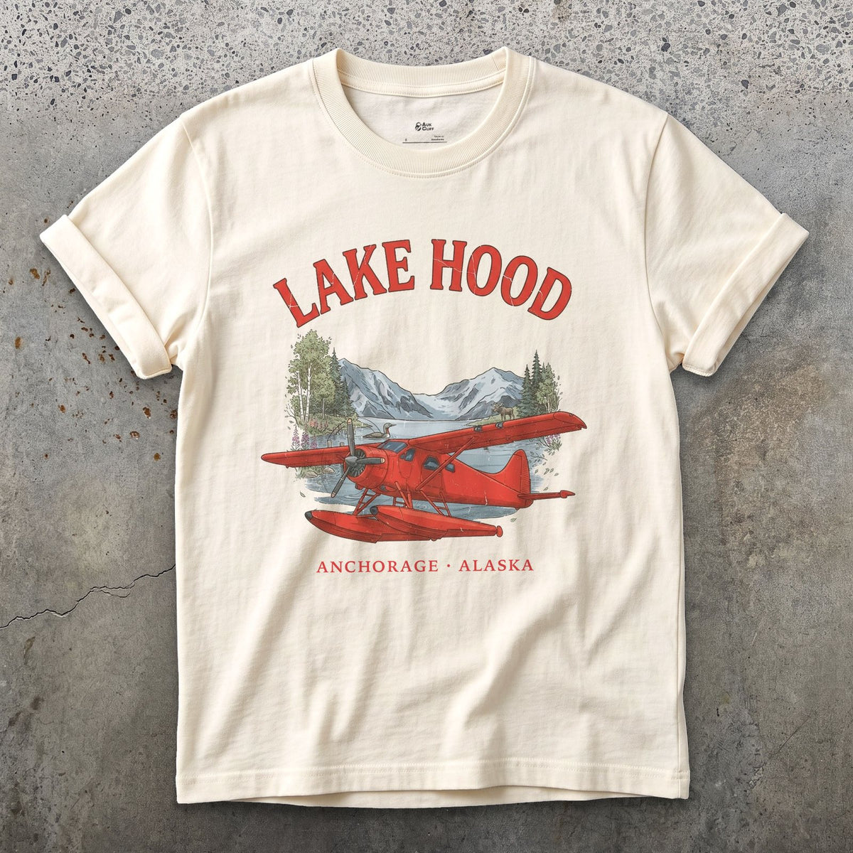 Lake Hood Bush Plane design on a Natural Gildan Softstyle t-shirt