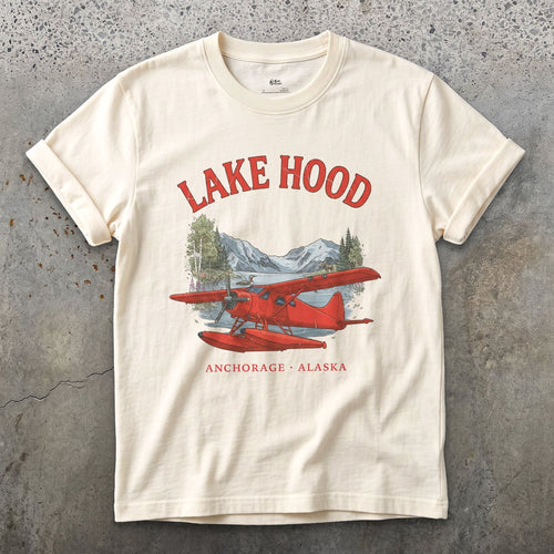 Lake Hood Bush Plane design on a Natural Gildan Softstyle t-shirt