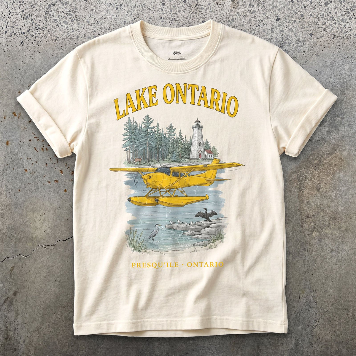 Lake Ontario Bush Plane design on a Natural Gildan Softstyle t-shirt