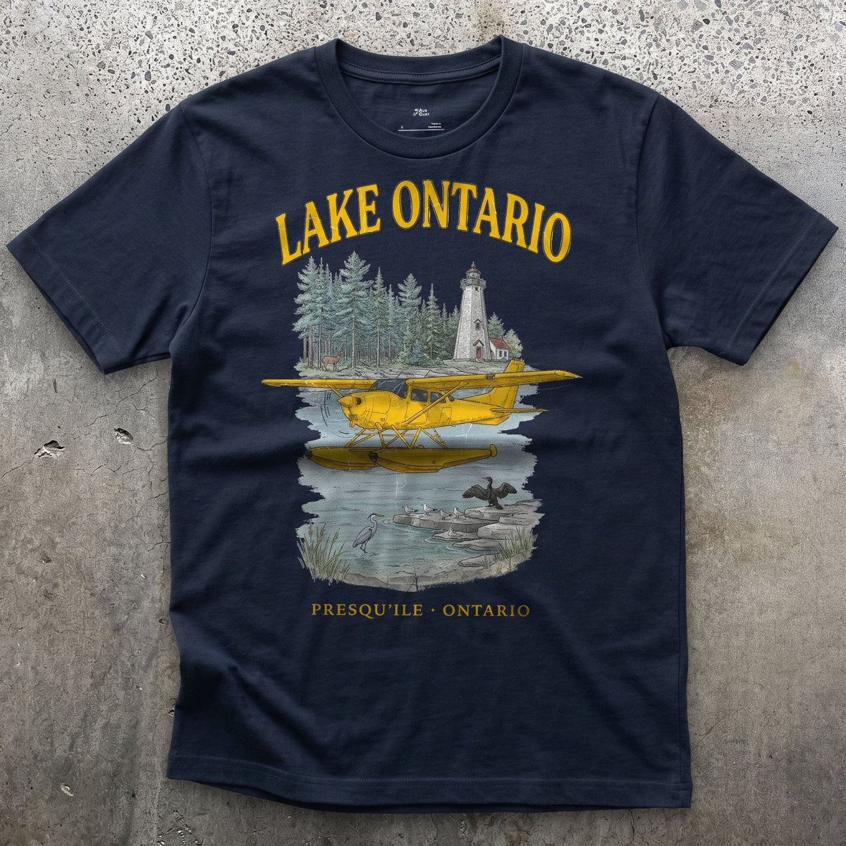 Lake Ontario Bush Plane design on a Navy Gildan Softstyle t-shirt