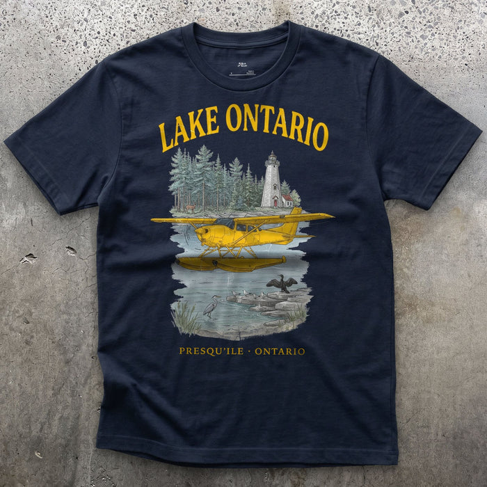 Lake Ontario Bush Plane design on a Navy Gildan Softstyle t-shirt