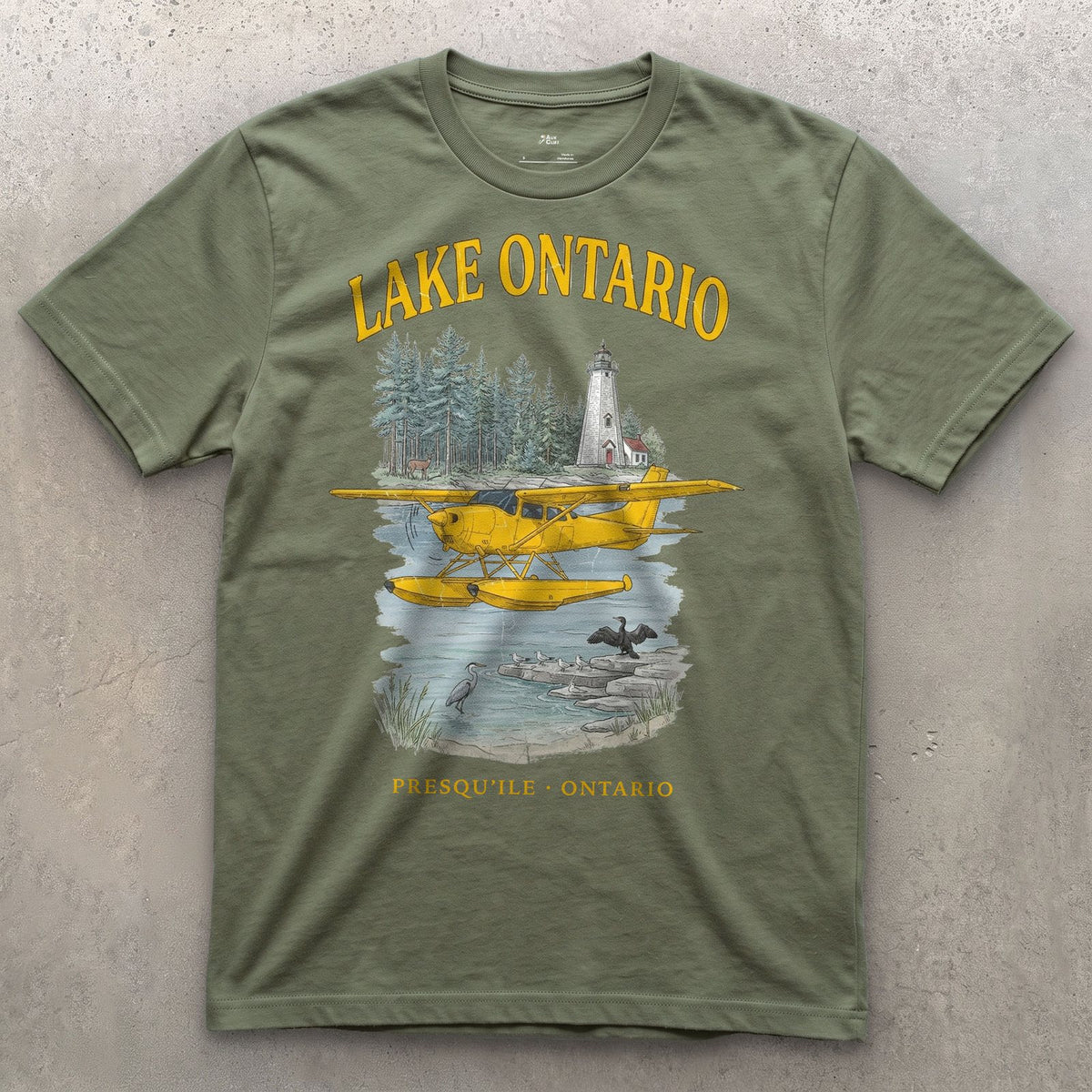 Lake Ontario Bush Plane design on a Military Green Gildan Softstyle t-shirt
