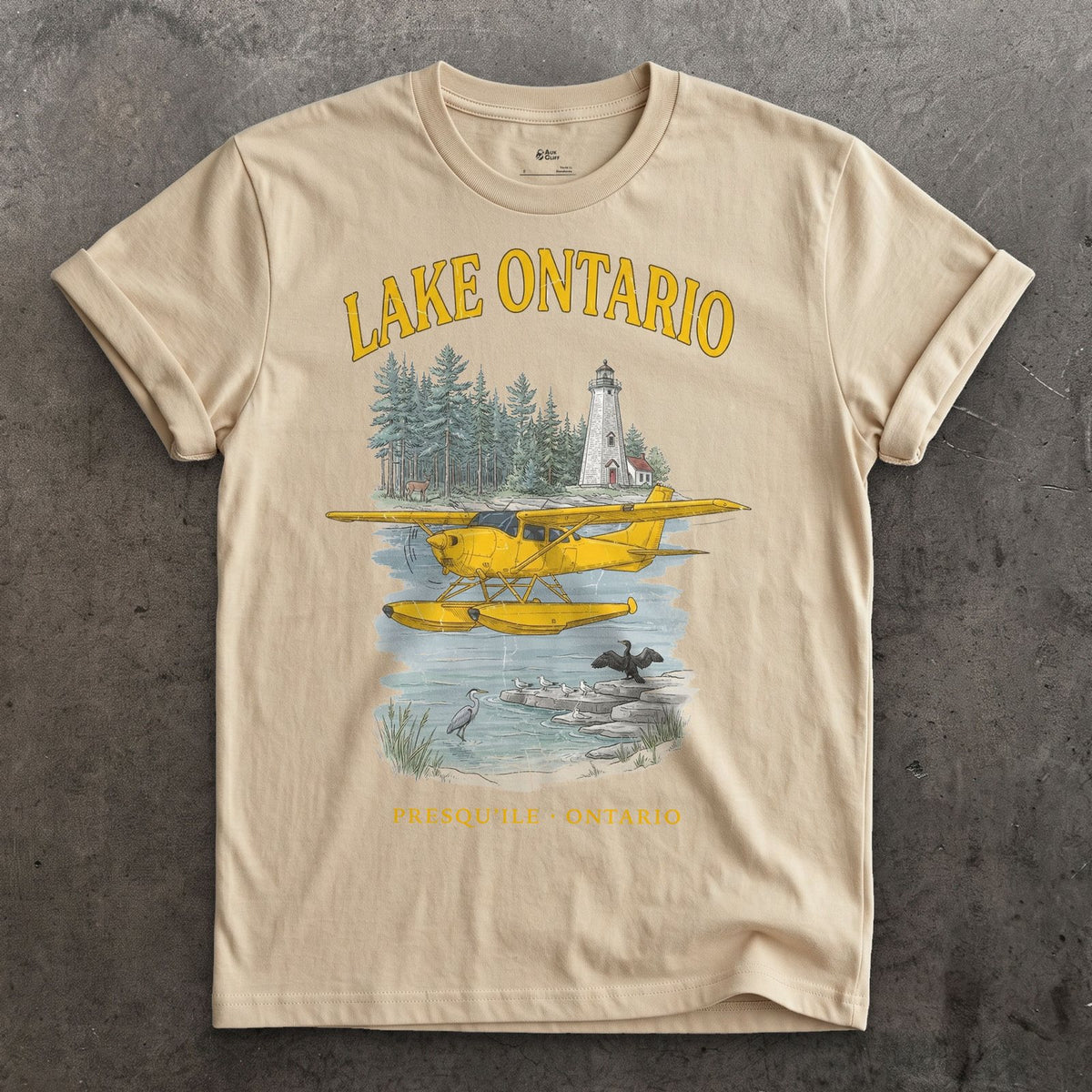 Lake Ontario Bush Plane design on a Sand Gildan Softstyle t-shirt