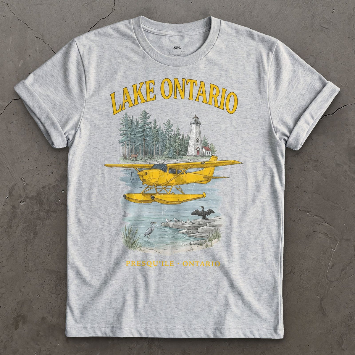 Lake Ontario Bush Plane design on a Sport Grey Gildan Softstyle t-shirt