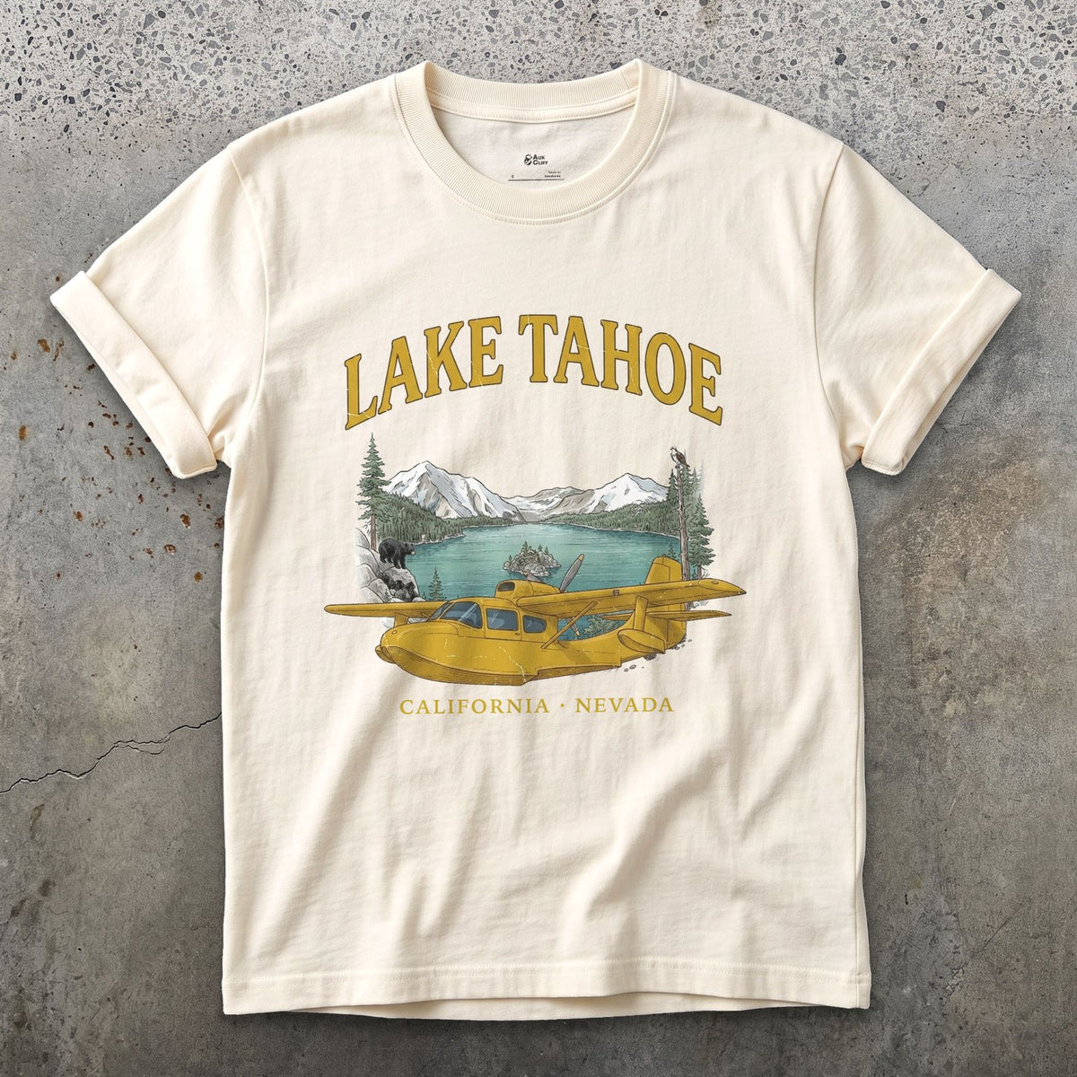 Lake Tahoe Bush Plane design on a Natural Gildan Softstyle t-shirt
