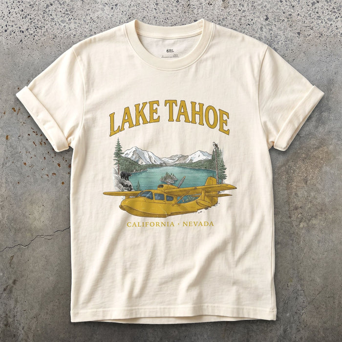 Lake Tahoe Bush Plane design on a Natural Gildan Softstyle t-shirt