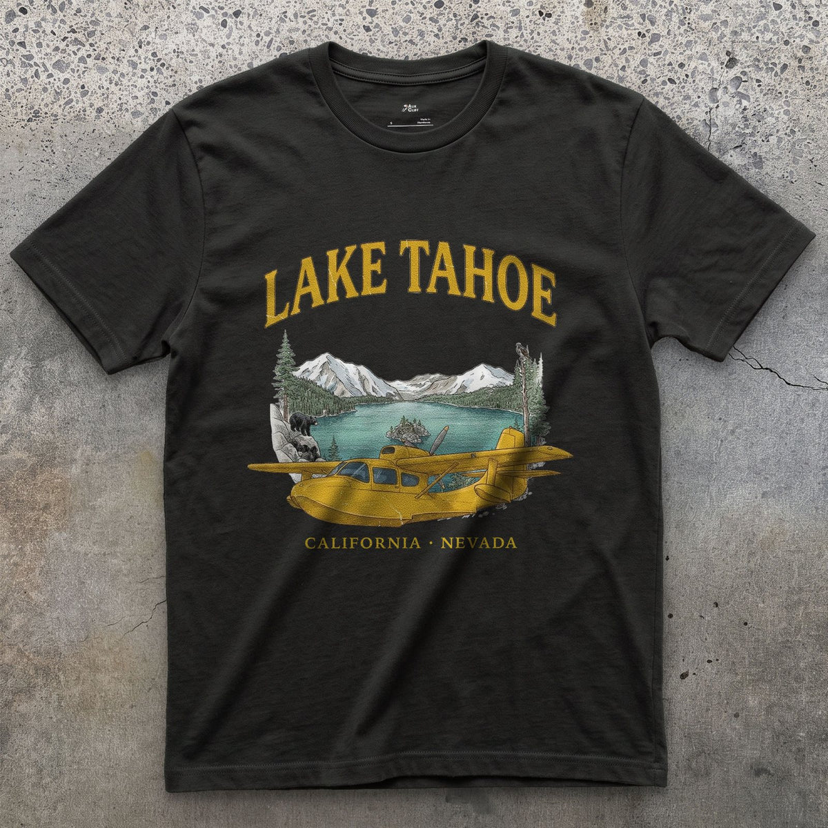 Lake Tahoe Bush Plane design on a Black Gildan Softstyle t-shirt