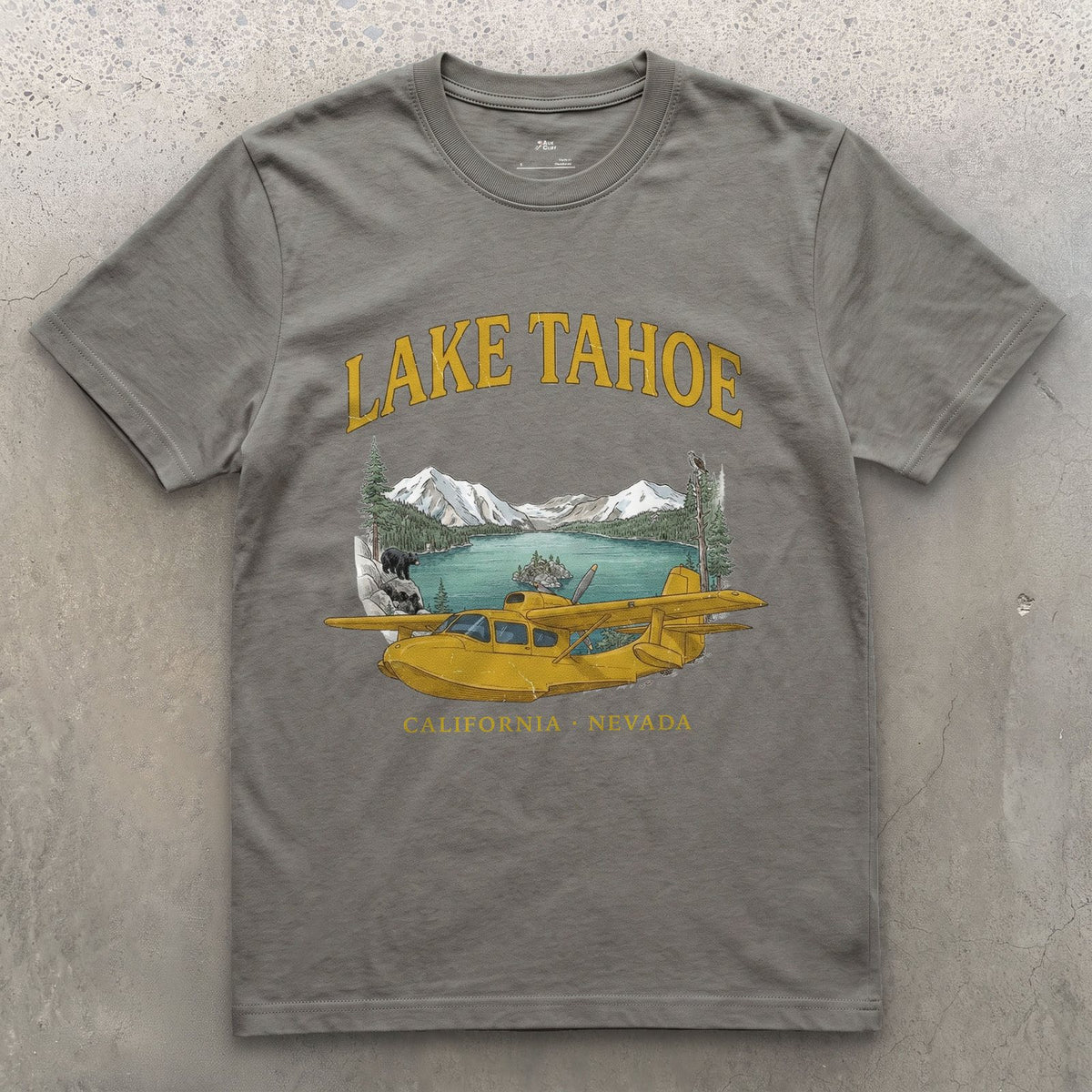 Lake Tahoe Bush Plane design on a Charcoal Gildan Softstyle t-shirt