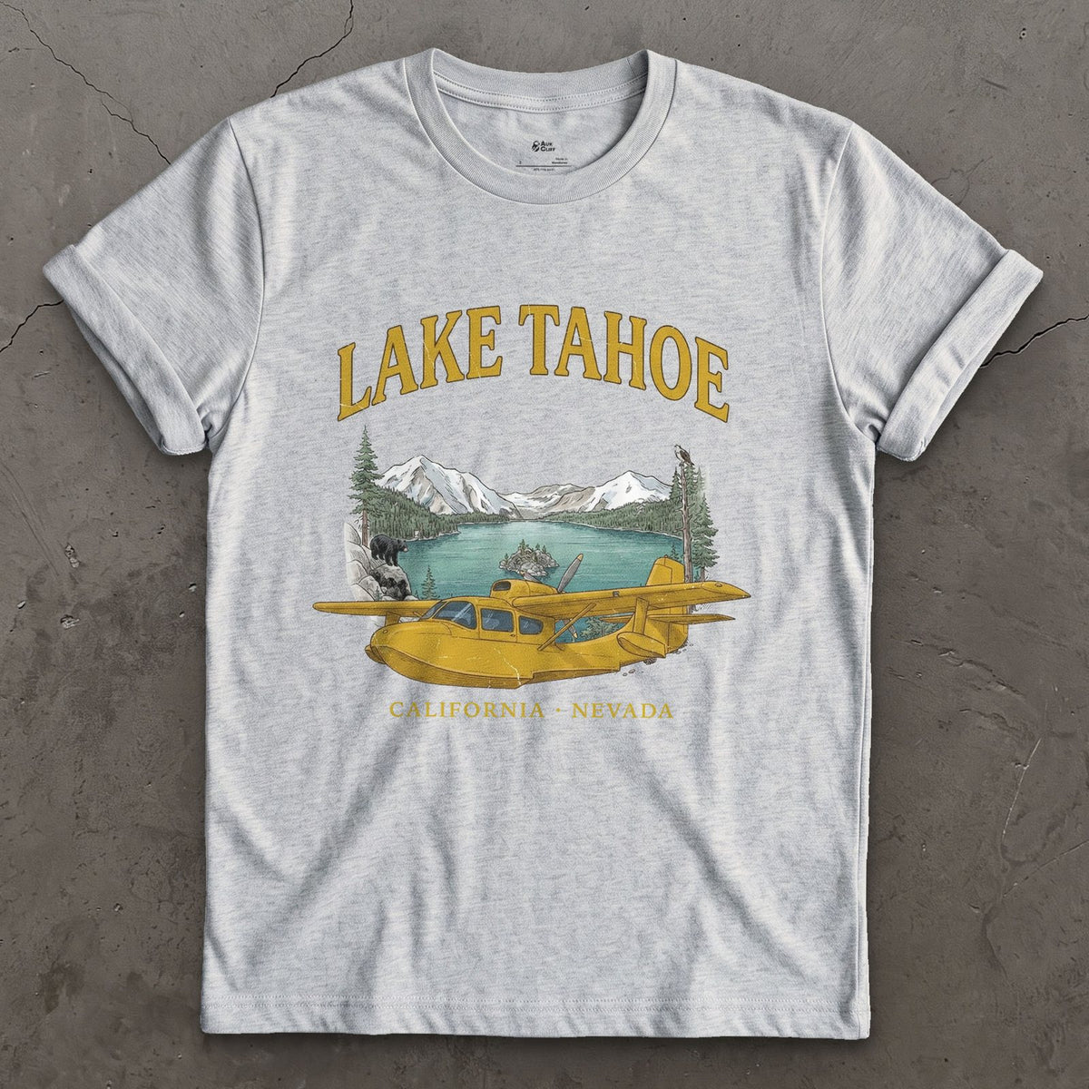 Lake Tahoe Bush Plane design on a Sport Grey Gildan Softstyle t-shirt