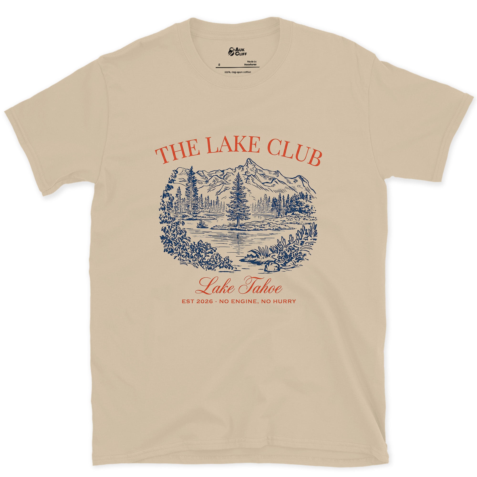 No Engine No Hurry, Lake Tahoe design on a Sand Gildan Softstyle t-shirt