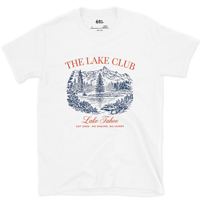No Engine No Hurry, Lake Tahoe design on a White Gildan Softstyle t-shirt