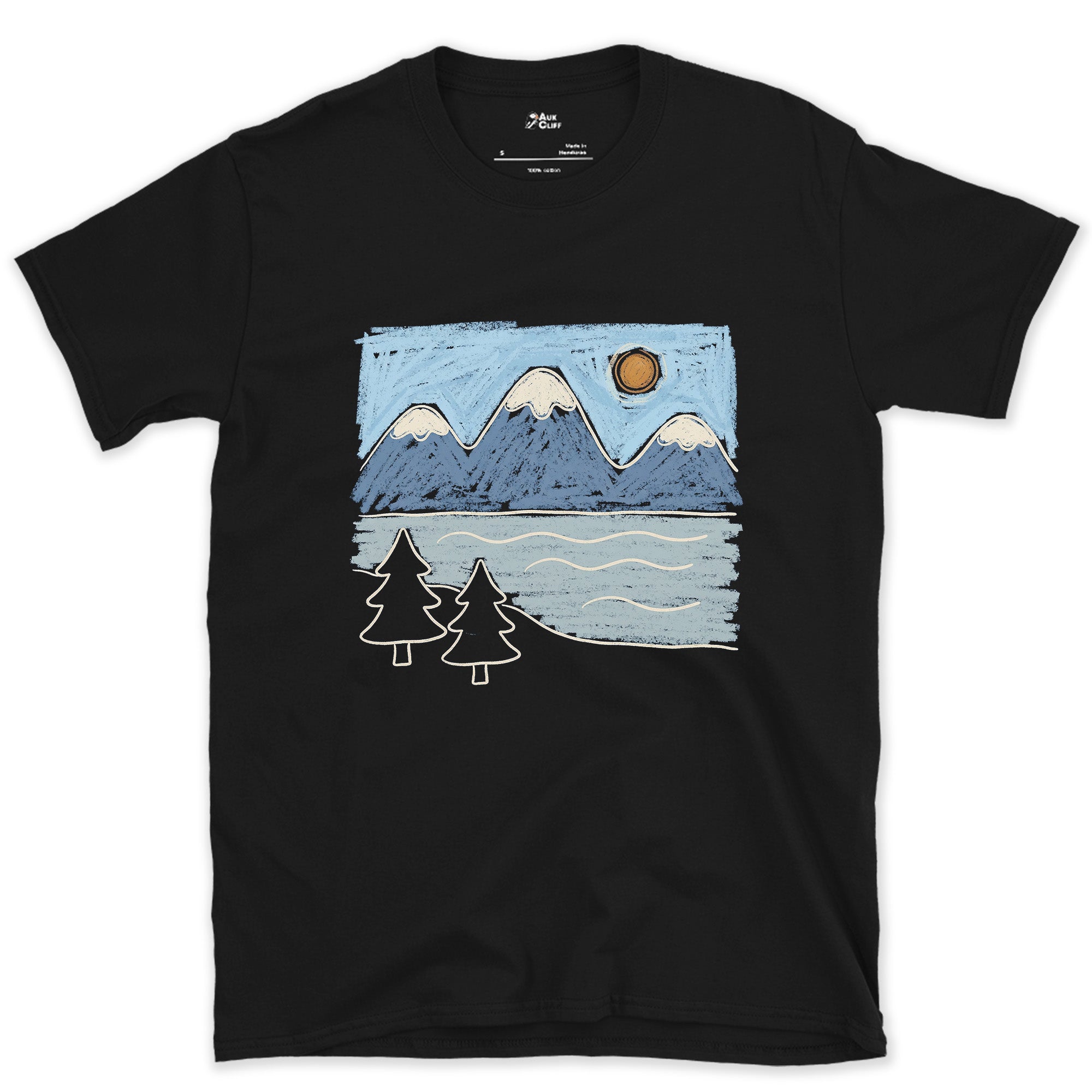 Mirrors the Range on a Still Morning, Alpine Lake design on a Black Gildan Softstyle t-shirt