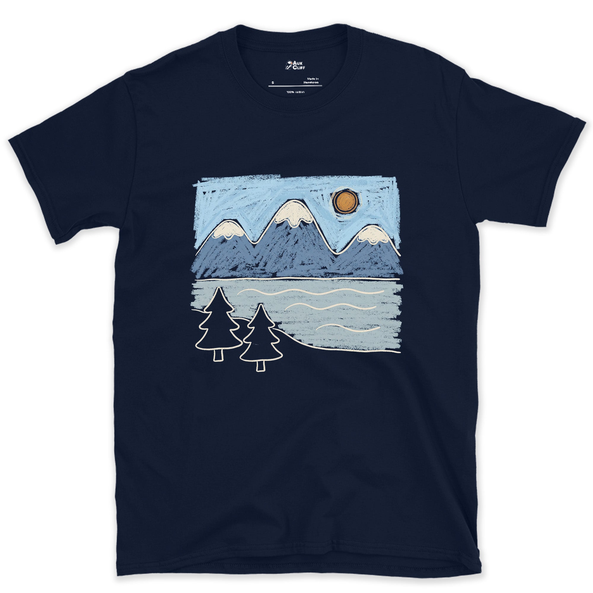 Mirrors the Range on a Still Morning, Alpine Lake design on a Navy Gildan Softstyle t-shirt