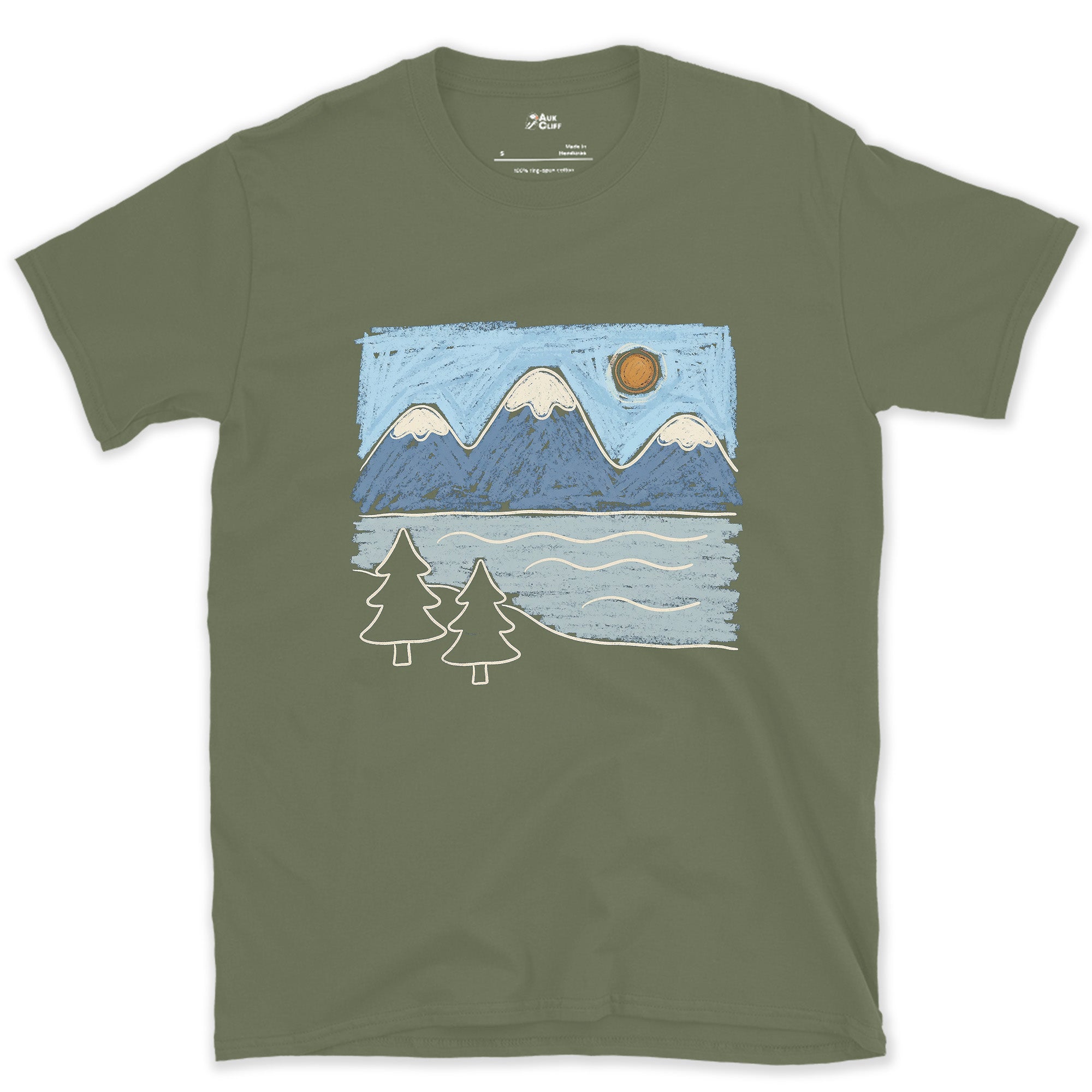 Mirrors the Range on a Still Morning, Alpine Lake design on a Military Green Gildan Softstyle t-shirt