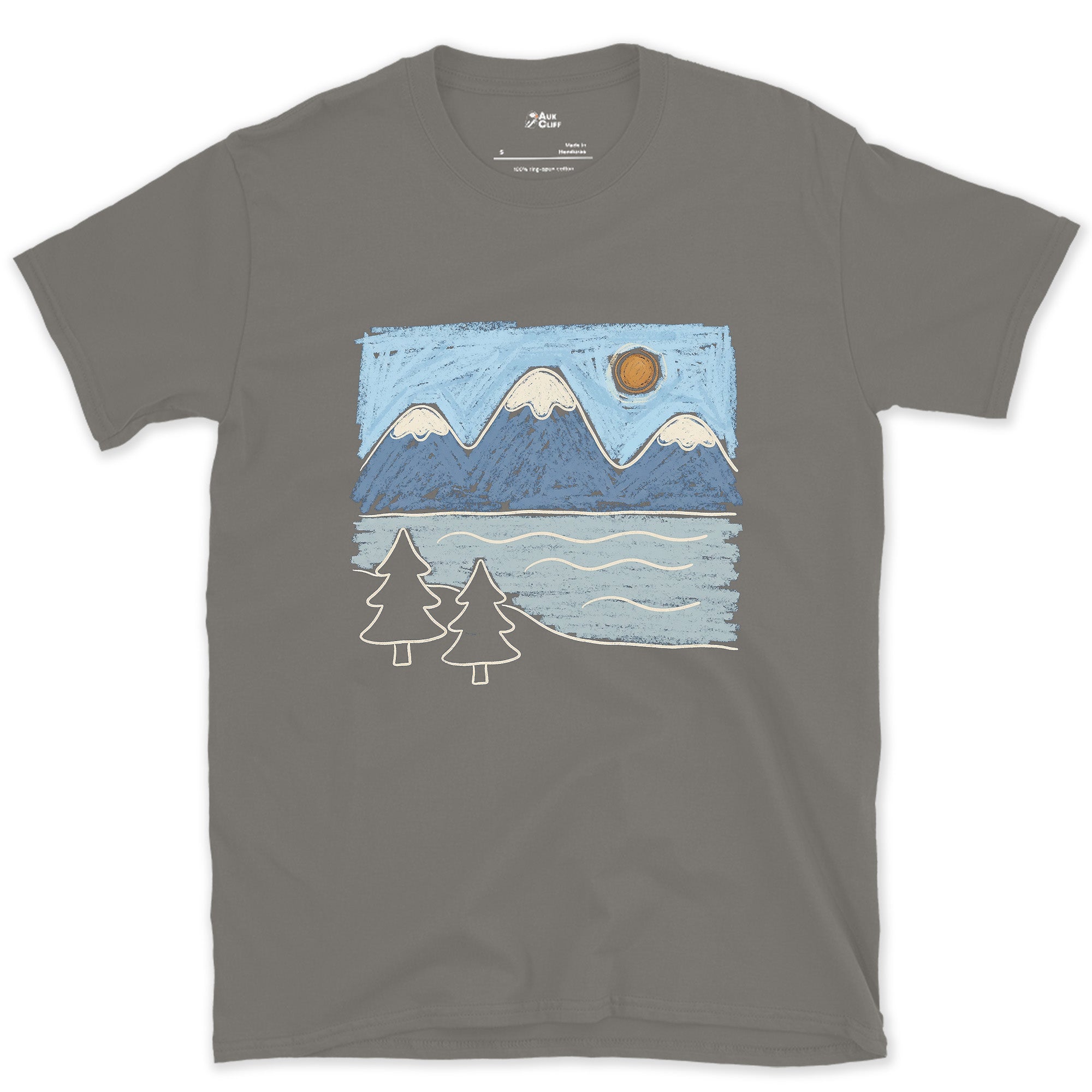Mirrors the Range on a Still Morning, Alpine Lake design on a Charcoal Gildan Softstyle t-shirt