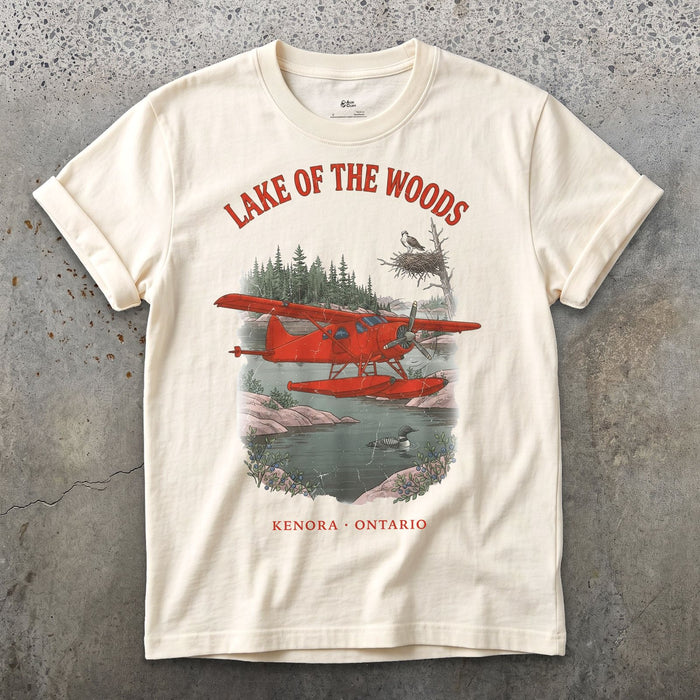 Lake of the Woods Bush Plane design on a Natural Gildan Softstyle t-shirt