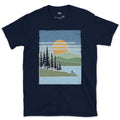 Just Standing at the Edge, Hiker Looking Out design on a Navy Gildan Softstyle t-shirt