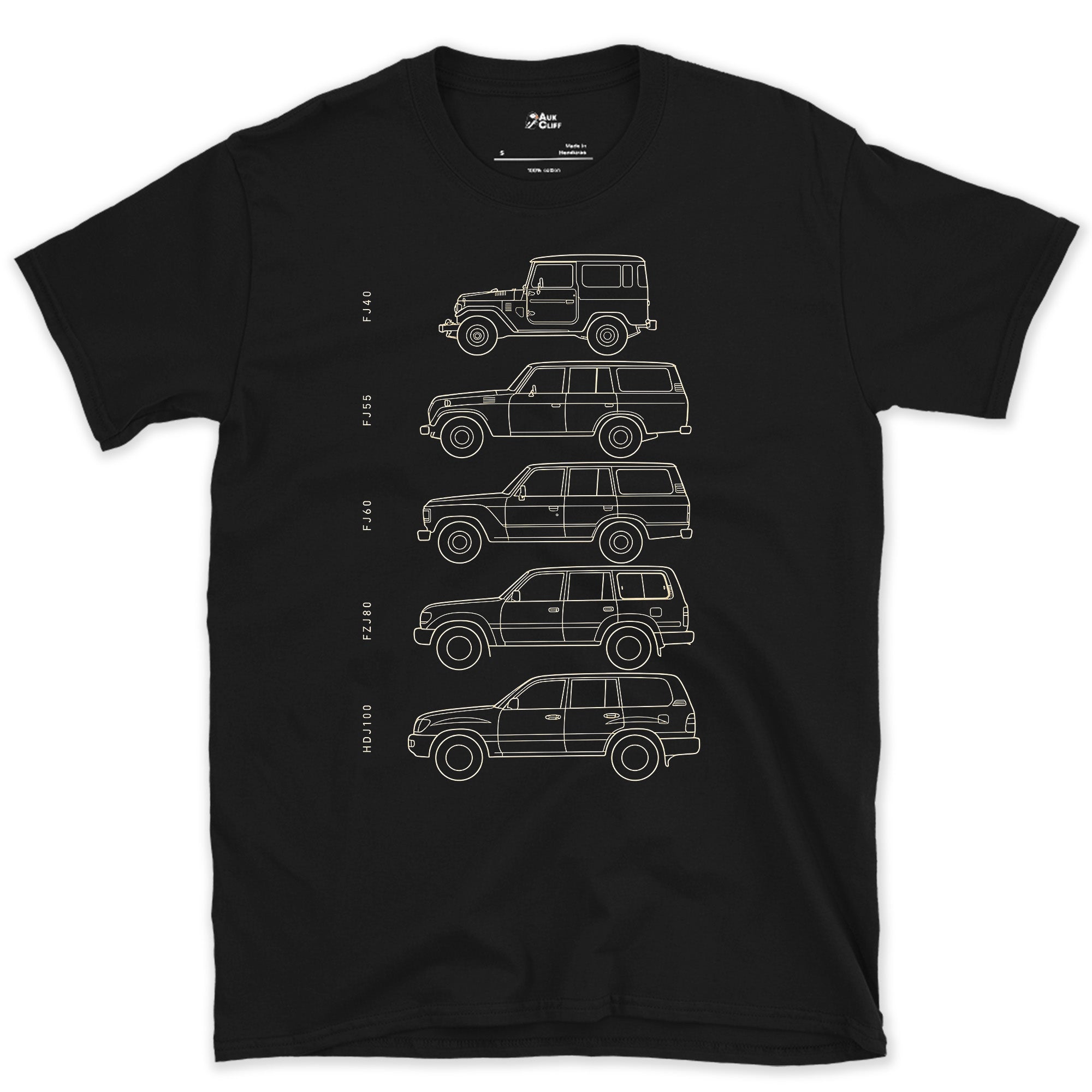 Toyota Land Cruiser, Five Chassis Codes in a Row design on a Black Gildan Softstyle t-shirt
