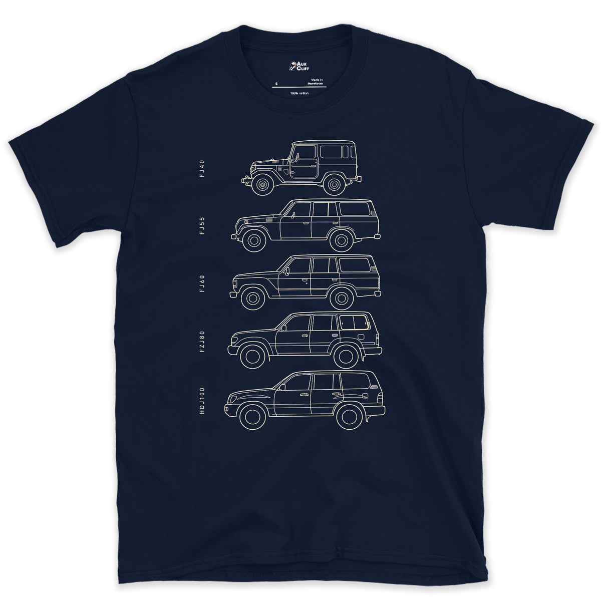 Toyota Land Cruiser, Five Chassis Codes in a Row design on a Navy Gildan Softstyle t-shirt