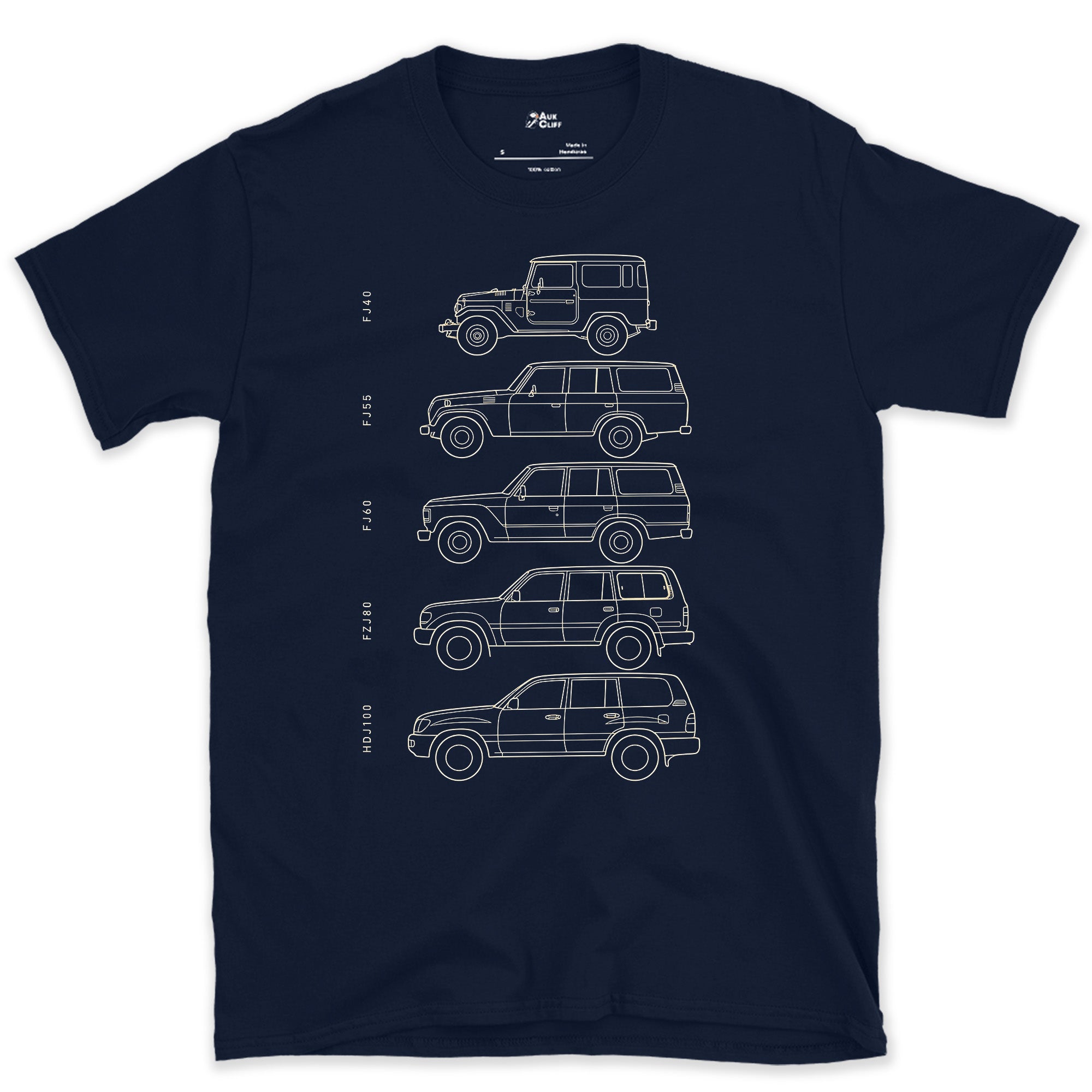 Toyota Land Cruiser, Five Chassis Codes in a Row design on a Navy Gildan Softstyle t-shirt