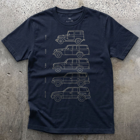 Toyota Land Cruiser, Five Chassis Codes in a Row design on a Navy Gildan Softstyle t-shirt