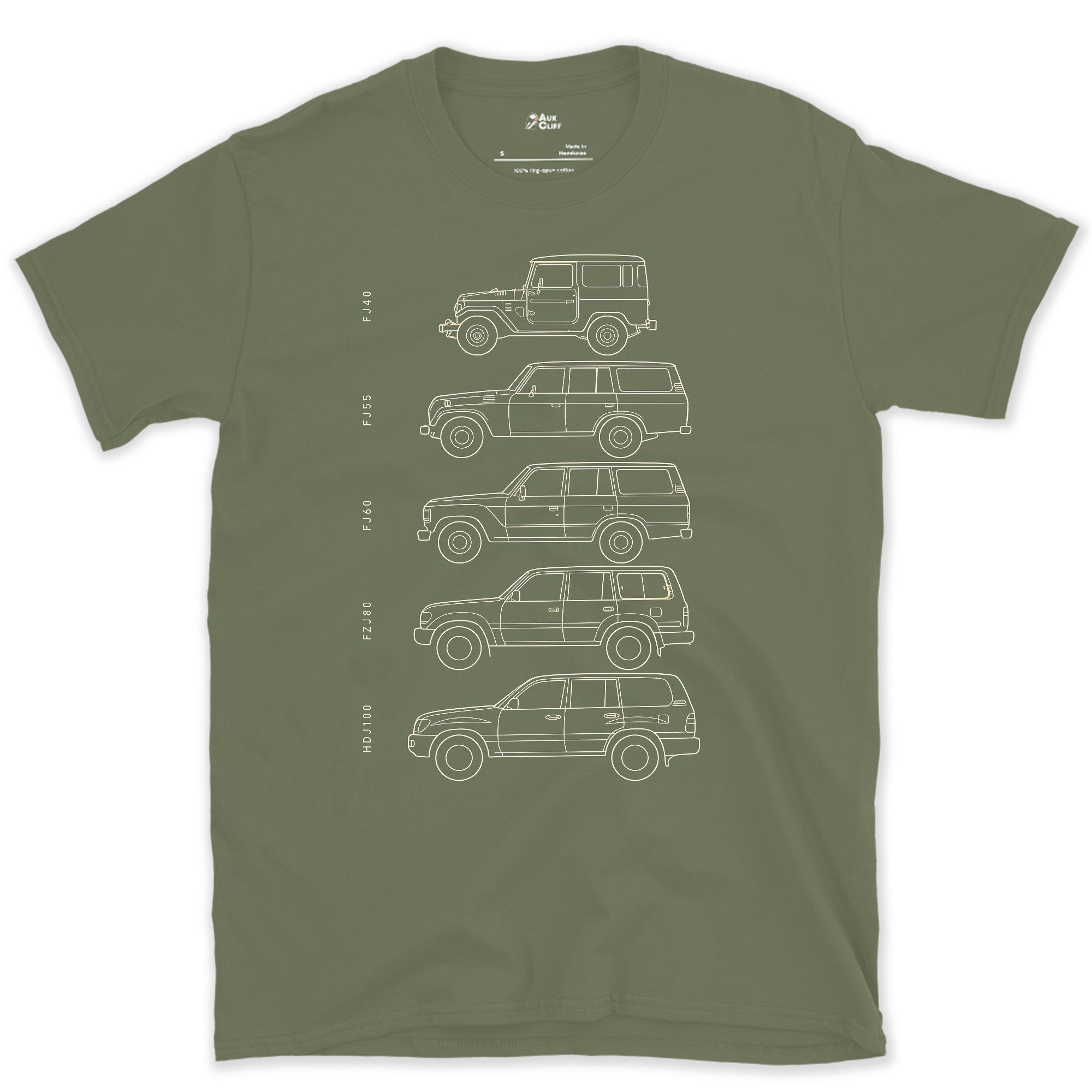 Toyota Land Cruiser, Five Chassis Codes in a Row design on a Military Green Gildan Softstyle t-shirt