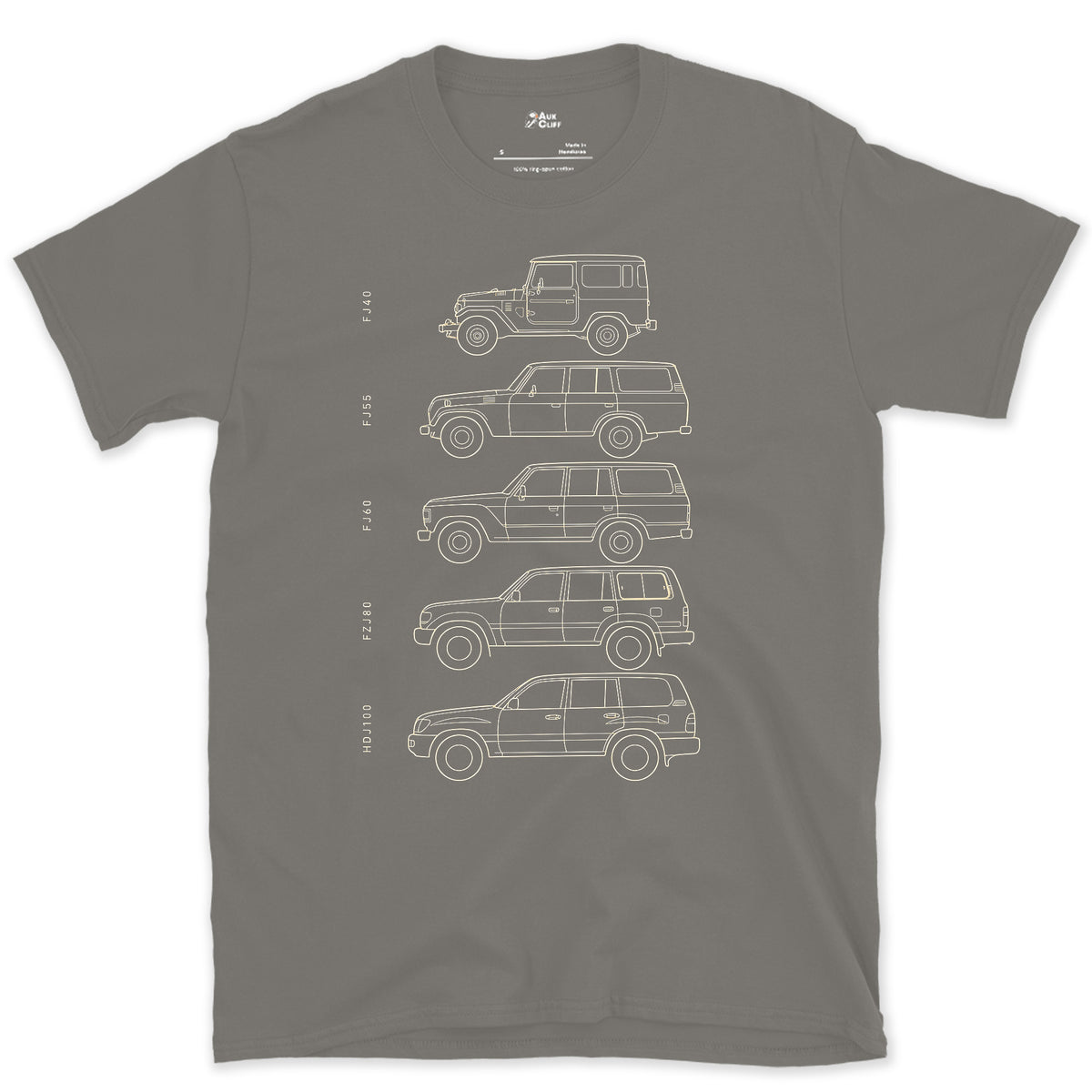 Toyota Land Cruiser, Five Chassis Codes in a Row design on a Charcoal Gildan Softstyle t-shirt