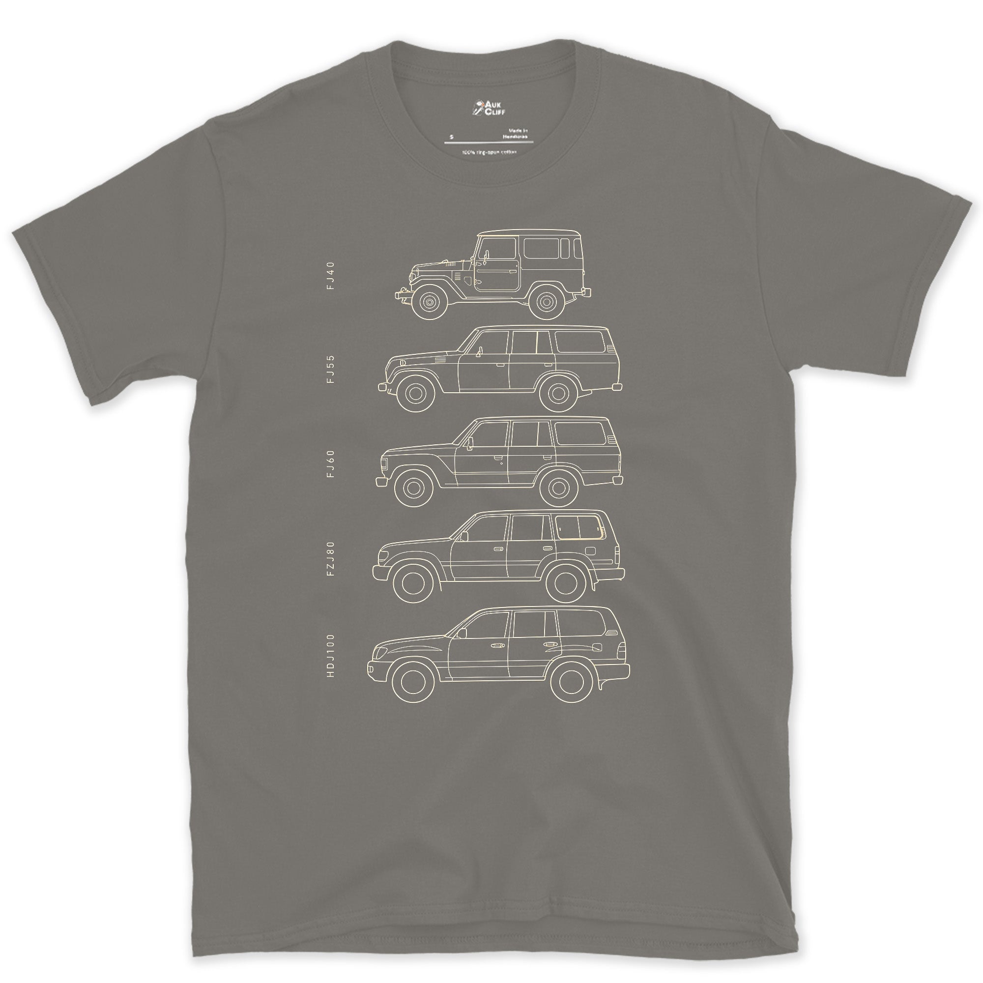 Toyota Land Cruiser, Five Chassis Codes in a Row design on a Charcoal Gildan Softstyle t-shirt