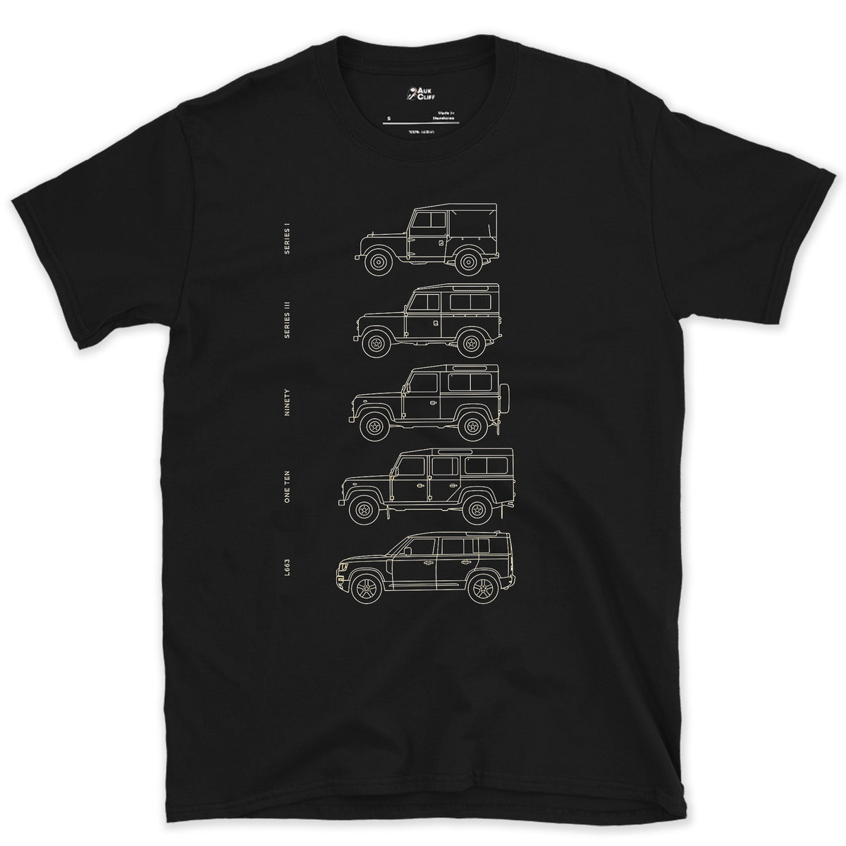 Land Rover, Five Names Across Five Decades design on a Black Gildan Softstyle t-shirt