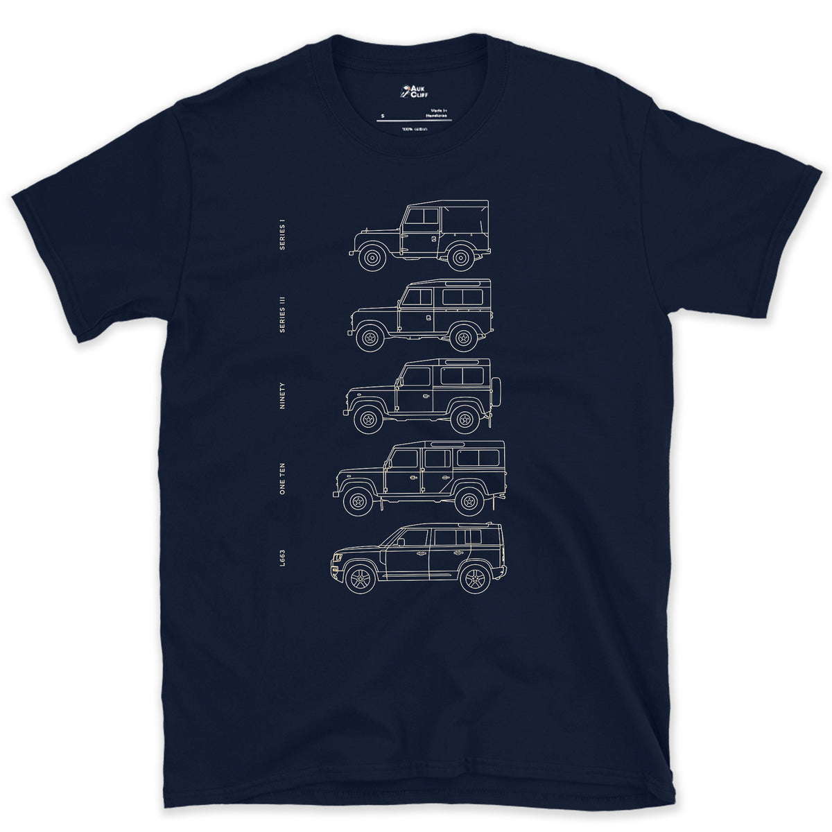 Land Rover, Five Names Across Five Decades design on a Navy Gildan Softstyle t-shirt