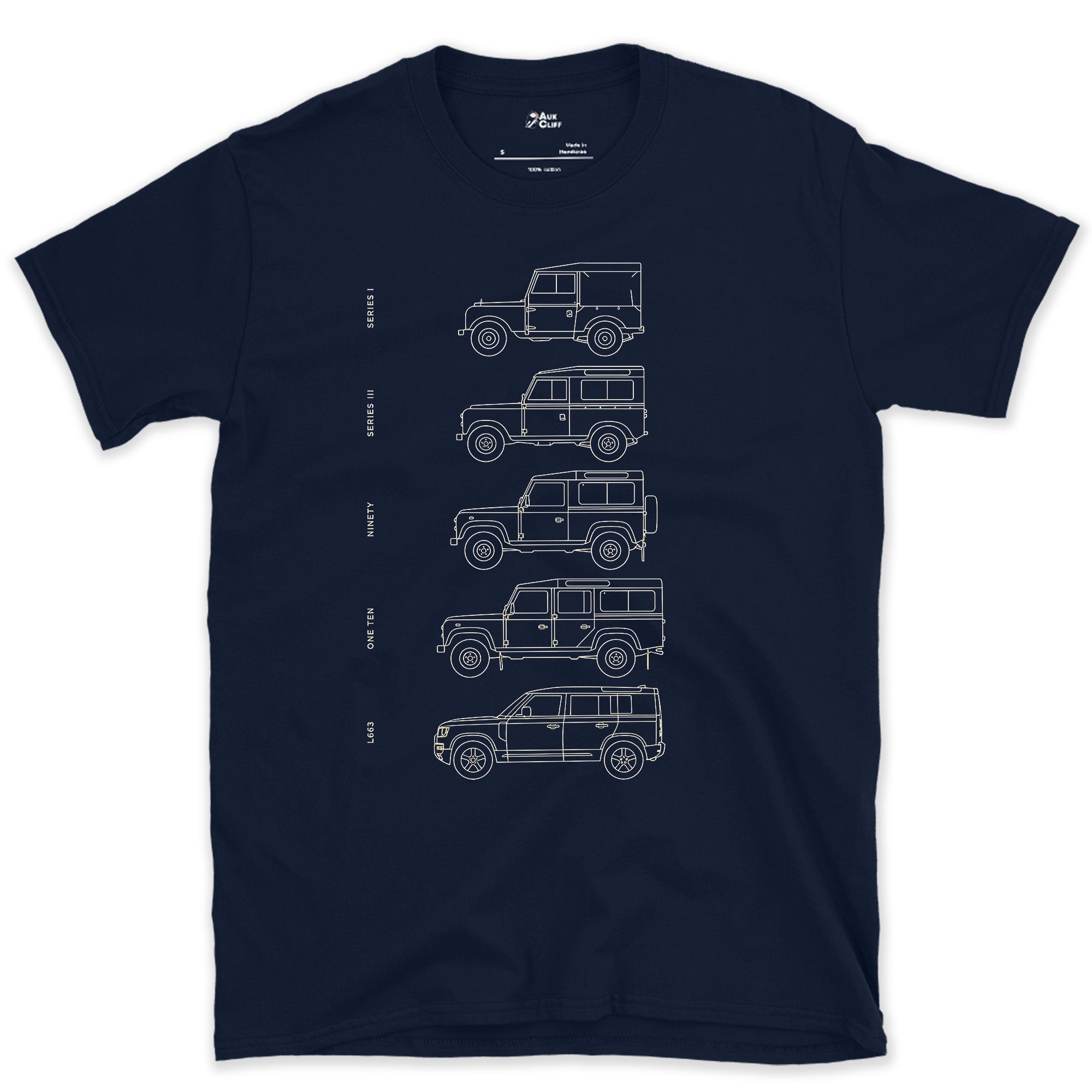 Land Rover, Five Names Across Five Decades design on a Navy Gildan Softstyle t-shirt