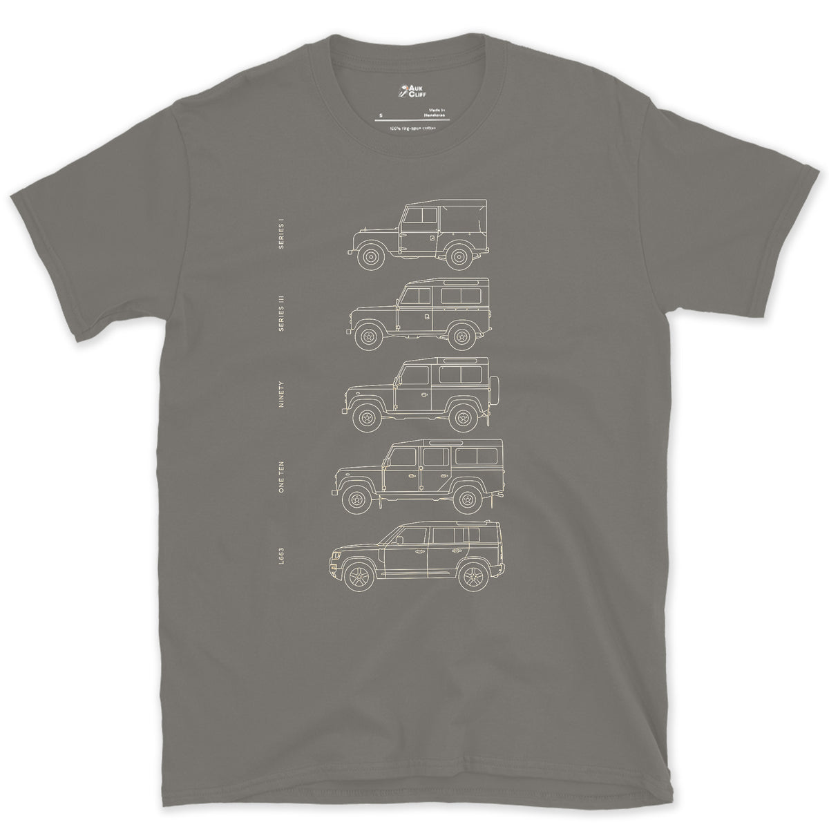 Land Rover, Five Names Across Five Decades design on a Charcoal Gildan Softstyle t-shirt