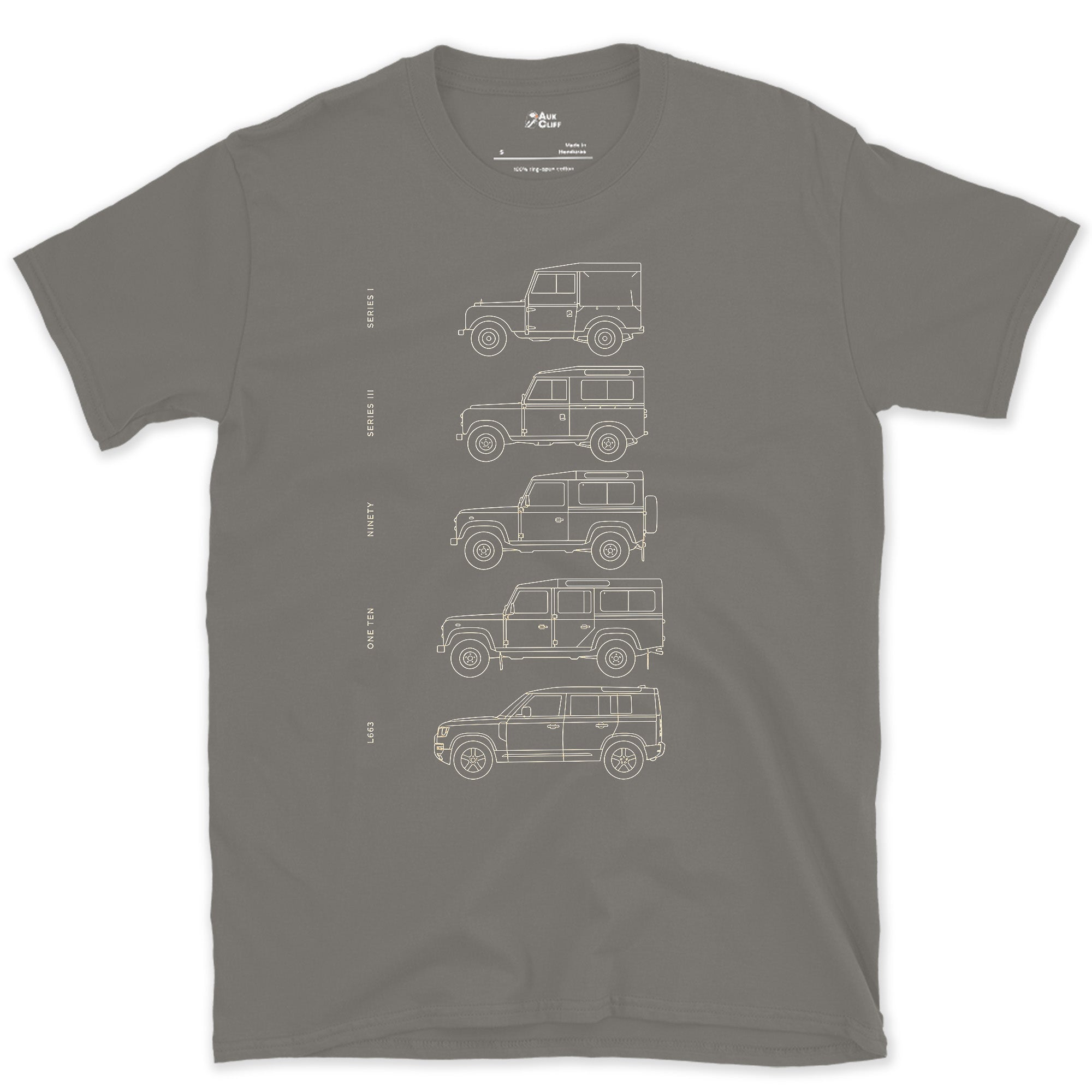Land Rover, Five Names Across Five Decades design on a Charcoal Gildan Softstyle t-shirt